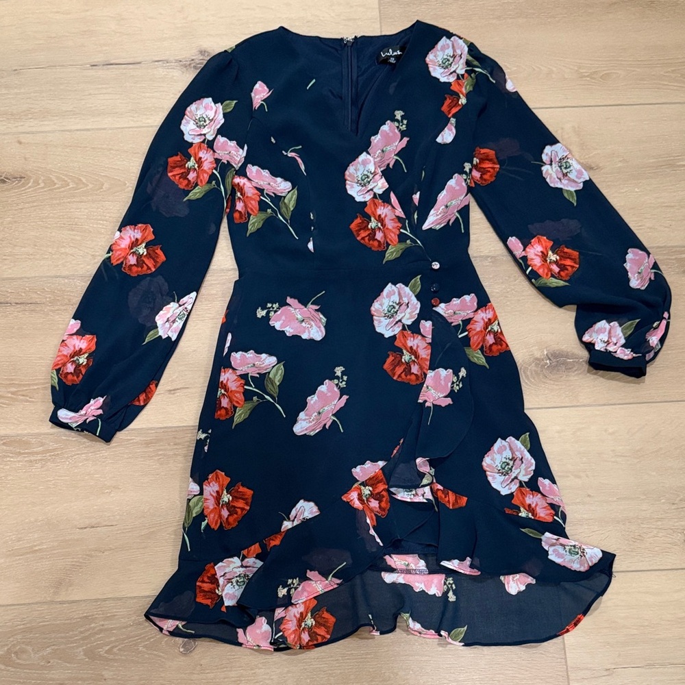 Lulus In Full Bloom Navy Blue Floral Print Long Sleeve Mini Dress